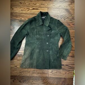 Vintage Express genuine suede double‑breasted, dark olive green, long pea coat